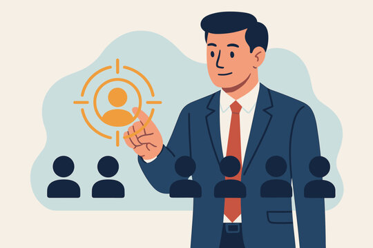 Businessman choosing candidate for job. Recruitment, hiring concept. Human resources manager selecting employee. Target audience, marketing, customer segmentation vector icon.