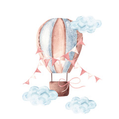 Watercolor Hot Air Balloon with pink pennants flying in clouds. Hand drawn baby girl illustration in pastel colors isolated on white background. Boho style. For kids goods, cards and posters. Baby