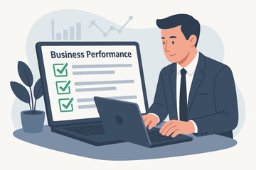 Business performance checklist concept. Businessman at desk with laptop completing an online survey or questionnaire. Man filling digital form for work evaluation or assessment.