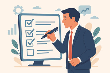 Business performance checklist. Businessman completing online survey, filling digital form. Man with pen taking an assessment, questionnaire, or evaluation. Task management.