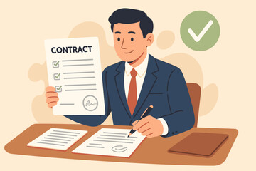Businessman signing contract. Concept of deal agreement, successful partnership, and business cooperation. Man working with documents, paperwork approval and legal signature.
