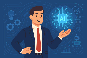 Businessman presents AI technology symbol. Futuristic digital interface with innovation icons. Artificial intelligence concept for smart solutions, automation, and business growth.