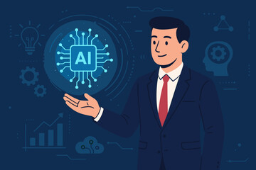 Artificial intelligence for business growth. Man presents futuristic AI chip icon. Concept of automation, smart solutions, innovation, data analysis, and digital technology.