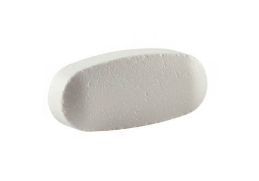 A single white oblong pill isolated on transparent background, representing medication, health, and pharmaceutical treatment