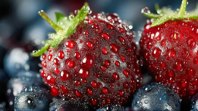 Close-up macro shot of dewy strawberries and blueberries, showcasing freshness and vibrant detail with natural lighting