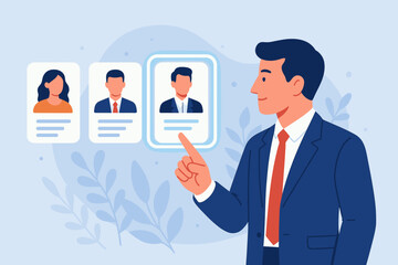 Fototapeta premium Human resources manager choosing candidate profile on virtual screen. Recruitment, hiring process, talent acquisition concept. HR selecting new employee for a job. We are hiring.