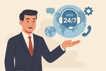 Businessman showing virtual 24-7 support. Worldwide nonstop service concept. Full-time available contact. Assistance, customer care, call center. Global helpdesk illustration.