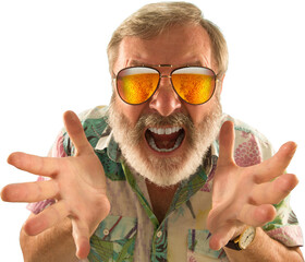 Senior man in white shirt shouting and adjusting reflective sunglasses showing beer, isolated on...