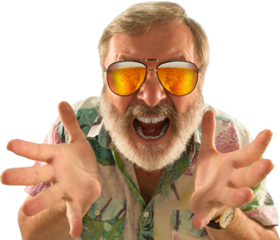 Senior man in white shirt shouting and adjusting reflective sunglasses showing beer, isolated on transparent background. Concept of promotion for beer events and festivals. Summer mood, men hobbies