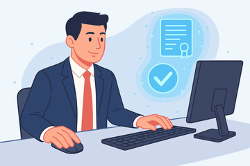 Fototapeta premium Businessman completes digital document verification. E-signature for online contract. Concept of approval, compliance, validation. Office worker at computer with checkmark icon.
