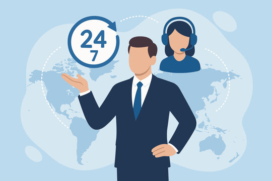24-7 support services concept. Businessman showing virtual worldwide nonstop service. Global full-time contact. Assistance and customer care. Call center operator. Vector illustration. - Powered by Adobe