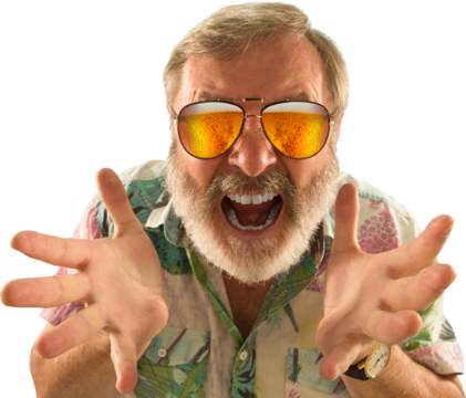 Senior man in white shirt shouting and adjusting reflective sunglasses showing beer, isolated on transparent background. Concept of promotion for beer events and festivals. Summer mood, men hobbies - Powered by Adobe