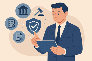 Business Compliance Law Concept. Enforcing Regulations, Standards, Legal Policies. Businessman in Suit Using Tablet with Shield, Checklist, Gavel, Document Icons, Corporate Governance