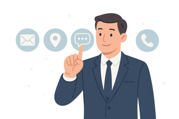 Businessman Touching Virtual Contact Icons for Customer Support Hotline. Email, Location, Live Chat, Telephone Communication. Customer Service, People Connect, Helpdesk Concept