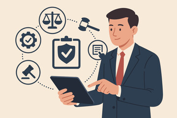 Business Compliance Law Concept. Enforcing Regulations and Standards. Businessman Using Tablet with Legal Icons. Policy, Audit, Risk Management, Corporate Governance
