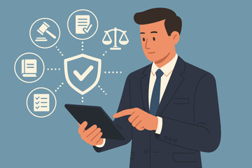 Business Compliance and Law Concept. Businessman Using Tablet with Legal Icons. Enforcing Laws, Regulations, Standards, Policy Adherence, Risk Management, Corporate Governance