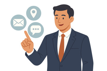 Businessman Touching Virtual Contact Icons for Customer Support, Email, Location, Live Chat, Communication, Online Service, Hotline, Corporate Assistance, Help Desk Concept