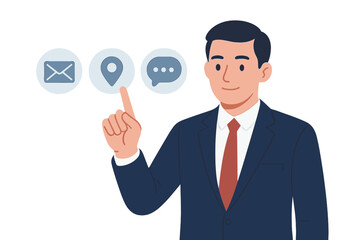 Businessman Touching Virtual Contact Icons Email Address Live Chat Communication Support Hotline Customer Service Connection Corporate Assistance Concept Vector
