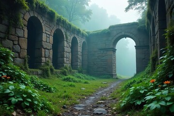 Ethereal Ruins Nature Reclaims Ancient Stone Walls in Misty, Shadowy Landscape; Forgotten Civilization, Exploration Theme