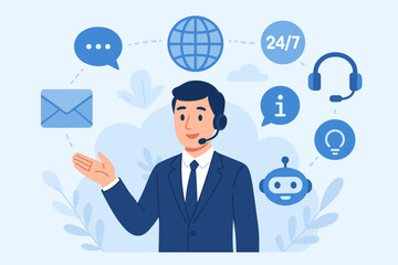 Customer support representative offering digital helpdesk solutions, global communication, 24/7 online service, chatbot, email, headset, information icons, business assistance