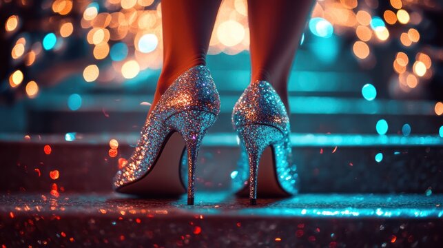 Sparkling Ascent: Heels on Steps Amidst Festive Lights and Glowing Embers