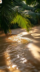 A serene summer beach with shadows of palm leaves cast on sandy beach. Gentle ripples in clear water reflect sunlight