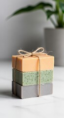 Obraz premium Three bars of handmade soap stacked and tied with twine, with a green plant in the background