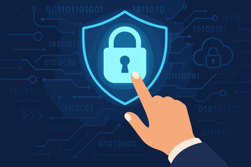 Cybersecurity protection concept with hand touching glowing padlock on shield, representing data security, encryption, secure digital access, privacy, online safety, network defense