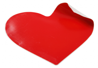 A bright red heartshaped sticker with a peeled corner, isolated on transparent background