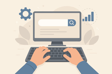 Search engine optimization concept. Man&rsquo;s hands typing on keyboard, searching for information on computer, data analysis, internet research, modern flat vector illustration