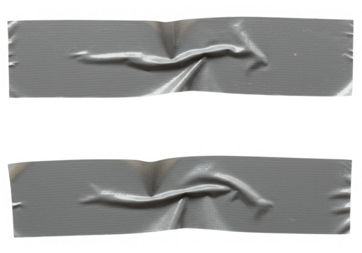 Two strips of crumpled gray duct tape, isolated on transparent background