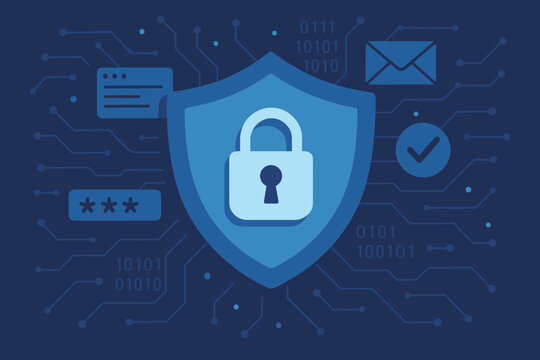 Cybersecurity protection digital shield with lock icon. Data privacy, online security, information safety, encryption, secure technology, password, network defense, cyber threat prevention