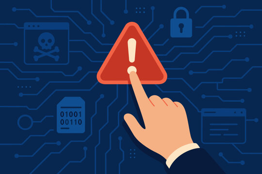 Cybersecurity warning alert with hand pressing exclamation icon, digital network system error, malware threat, data breach risk, hacking prevention, online security concept