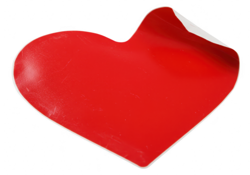 A bright red heartshaped sticker with a peeled corner, isolated on transparent background