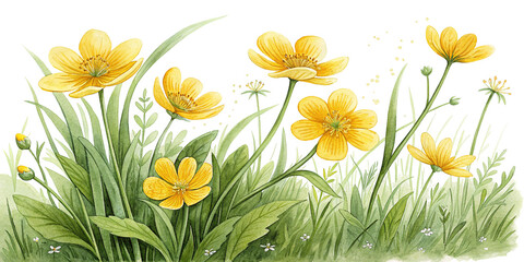 Watercolor yellow buttercup flowers illustration meadow floral art print design ideas