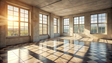 Obraz premium Sunlit Empty Room with Large Windows and Checkered Floor A Perfect Space