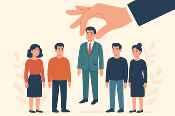 Human resources manager hand selects standout employee from group. Recruitment, hiring, leadership, talent acquisition, HRM, HRD, candidate selection, business team concept illustration