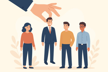 Human resources manager hand selects standout employee from group. Recruitment, hiring, candidate selection, leadership, talent acquisition, HRM, HRD, teamwork, modern flat vector
