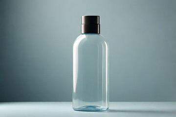 Clear Glass Bottle with Black Lid Against a Neutral Background