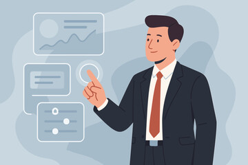 Businessman in suit interacting with digital touchscreen interface, data visualization, analytics dashboard, modern flat vector illustration, corporate technology concept