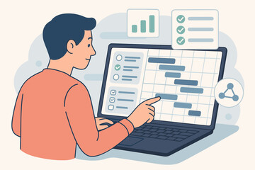 Project management technology, digital Gantt chart and to-do list interface, business productivity, workflow planning, task scheduling, time management, teamwork on laptop