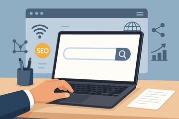 Businessman Using Laptop for Internet Search, Blank Search Bar, SEO, Data Analysis, Networking, Digital Marketing, Web Browsing, Online Information, Search Engine Concept
