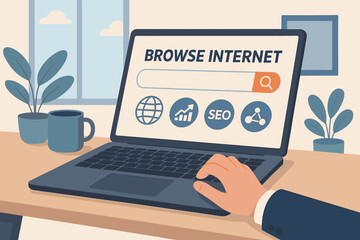Businessman Using Laptop for Internet Search, SEO, Data Analysis, Networking, Online Information, Blank Search Bar, Digital Marketing, Office Workspace, Modern Technology Concept