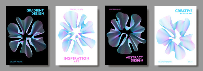 Abstract poster background vector set with colorful wavy lines. Modern vector background cover templates with 3D effects in motion. Artistic design for cover, flyer, banner, social media, music, ads.
