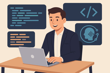 Businessman Web Developer Using AI for Code Generation and Automation, Programming on Laptop with Futuristic Interface, Script Output, Voice-Activated Artificial Intelligence