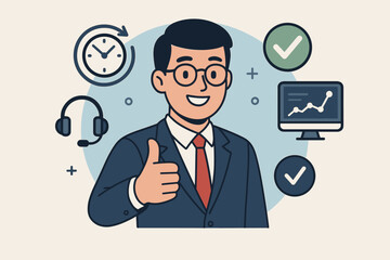 24-7 technical support vector concept. Businessman gives thumbs up for quality IT assistance and customer service. Approved helpdesk with checkmark and monitoring icons.