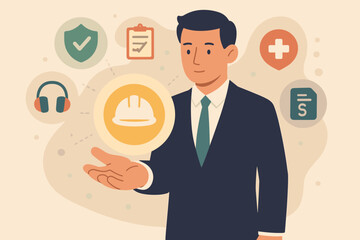 Workplace Safety Concept Businessman Presenting Safety Icons Hard Hat Protection Health Regulations Checklist Insurance Standards Occupational Safety Compliance