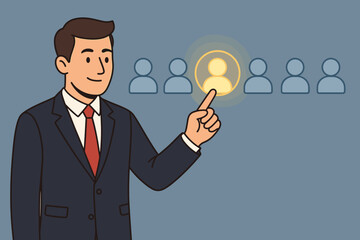 Businessman selects highlighted person icon. Recruitment concept, candidate selection, human resources. Target marketing, headhunting, talent acquisition, strategic partnership.