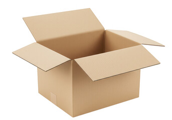 An open and empty cardboard box, a brown carton container for shipping and delivery isolated on transparent background