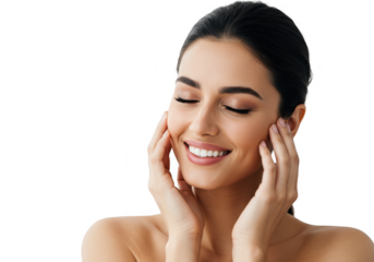 Beautiful woman with eyes closed touching her face isolated on transparent background